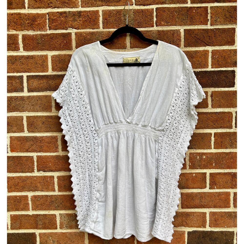 Seaspice Resort Wear White Cotton Cover Up Smocked Waist Crochet Lace Top Small